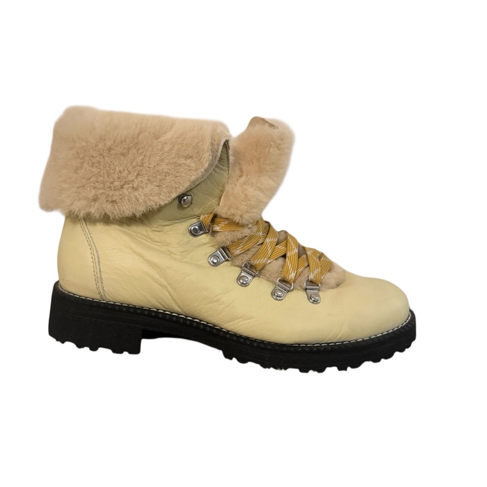 J.Crew Butter Yellow Leather Shearling Lined Chunky Cuff Boots Size 10 Faux Fur